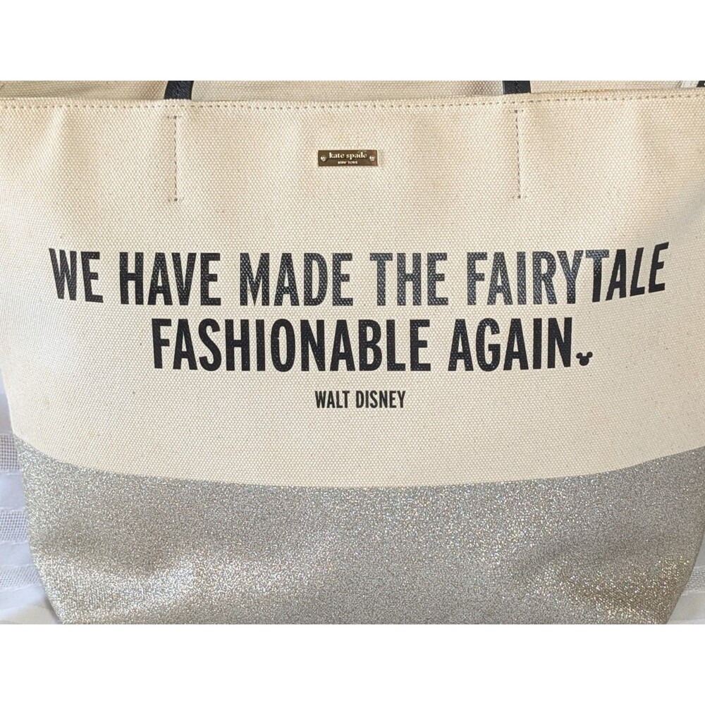 Kate Spade Disney Fairytale Fashionable Canvas Tote Bag Silver Glitter Black - Picture 2 of 16